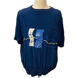 Vtg GENELLI Crew Neck Shirt Men's XL 100% SILK Blue Abstract Retro Short Sleeves
